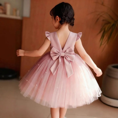 Fashion Red Pink Children's Bow Princess Dress‌ Big Bow Backless Girls Puffy Dress Tulle Flower Girl Dress Wedding Gown