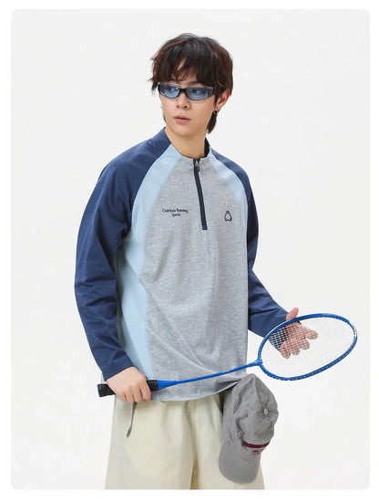 Men's Retro Colorblock Raglan Sleeve Long Sleeve T-Shirt – Loose Fit Half-Zip Athletic Top with Moisture-Wicking Fabric