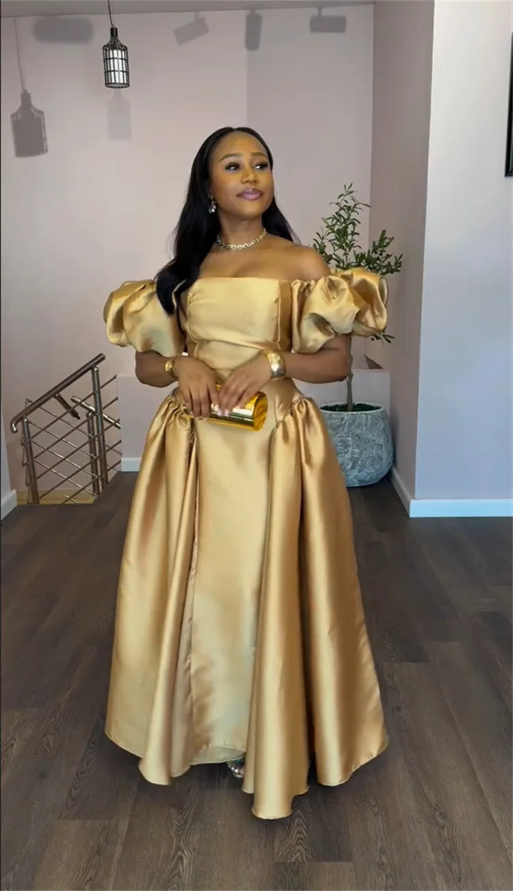 Elegant Dress for Women's Puff Sleeve Square Collar Gold Solid Pleated A-line Evening Party Cocktail Maxi Dresses