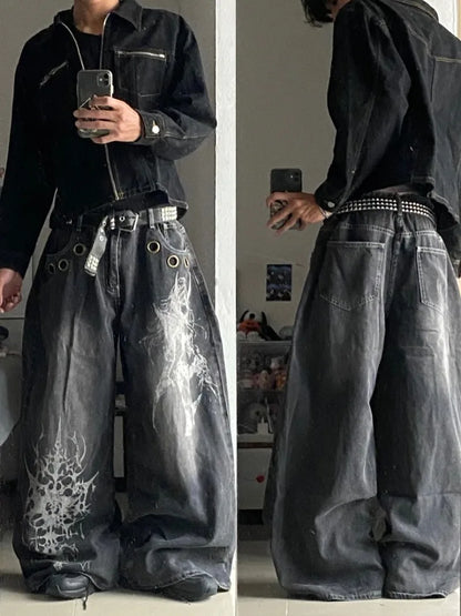 American New Fashion Oversized Pattern Printed Washed Jeans Men Y2K Gothic Rock Popular Casual Joker High Waist Wide Leg Pants