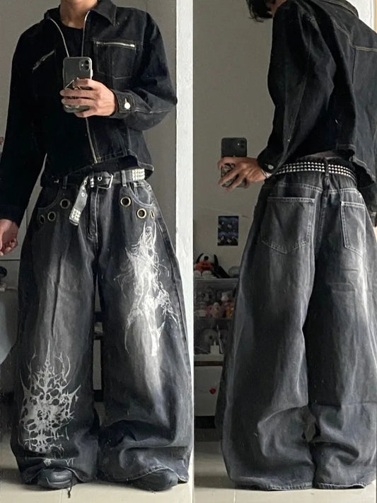 American New Fashion Oversized Pattern Printed Washed Jeans Men Y2K Gothic Rock Popular Casual Joker High Waist Wide Leg Pants