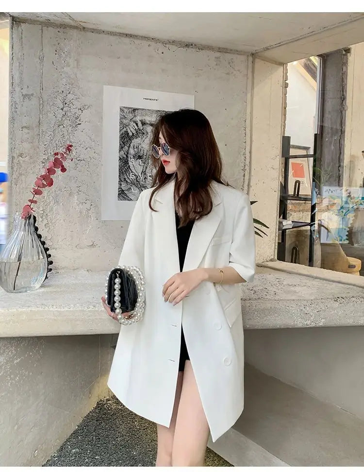 Korean Fashion Loose Thin Blazer Women Spring Autumn New Extra Large Mid Length Short Sleeved Women Coat Casual Outwear