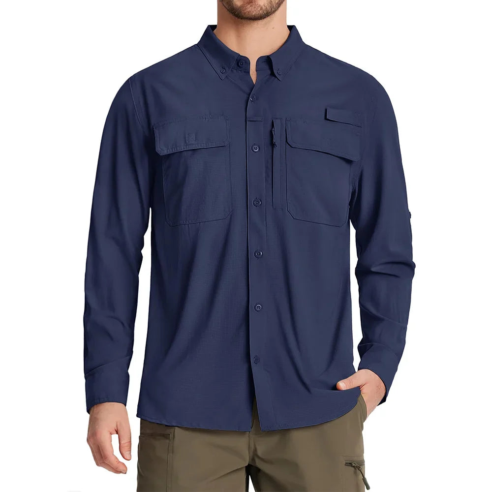 UPF 50+ Sun Protection Fishing Shirts Men's Quick Dry Long Sleeve Shirts Mesh Breathable Hiking Work Cargo Shirts