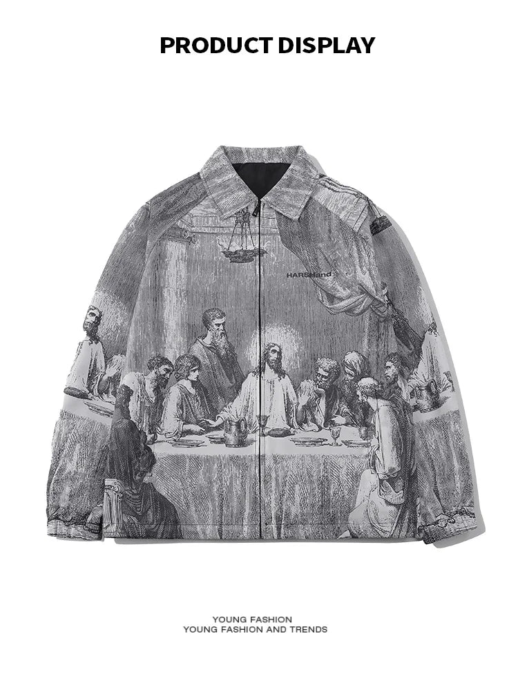 Autumn Men Jacket Oversized Painting Printing Couples Thin Casual Jackets Male Female Silk Vintage Clothing Man Coats Outerwear