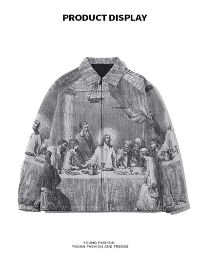Autumn Men Jacket Oversized Painting Printing Couples Thin Casual Jackets Male Female Silk Vintage Clothing Man Coats Outerwear