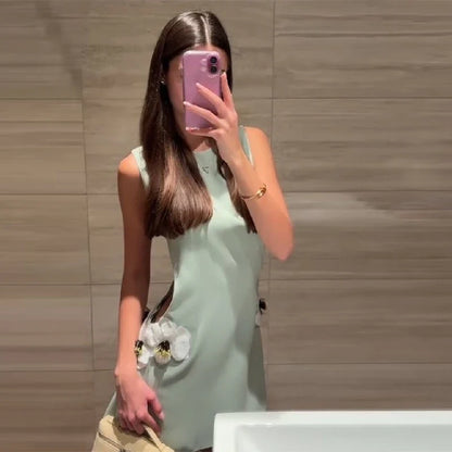 Women's Round Neck Solid Sleeveless Dress Sexy Waist Side Cut-outs Slim Mini Skirt Female New Date Commuter Party Clothes