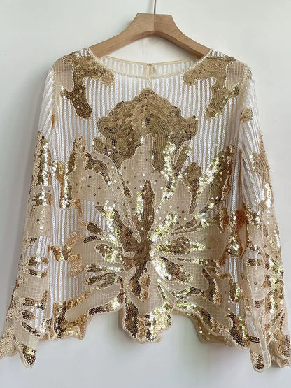 2025 Spring New Sequined Premium Outer Wear Ins Fashion Luxury Beads Long Sleeve Irregular Loose Chic T-shirt Top