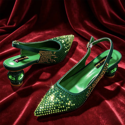 Purple Rhinestone Shoe and Bag Set Women Pointed Toe Slingback Block Heels Matching Purse for Wedding Party Evening Prom