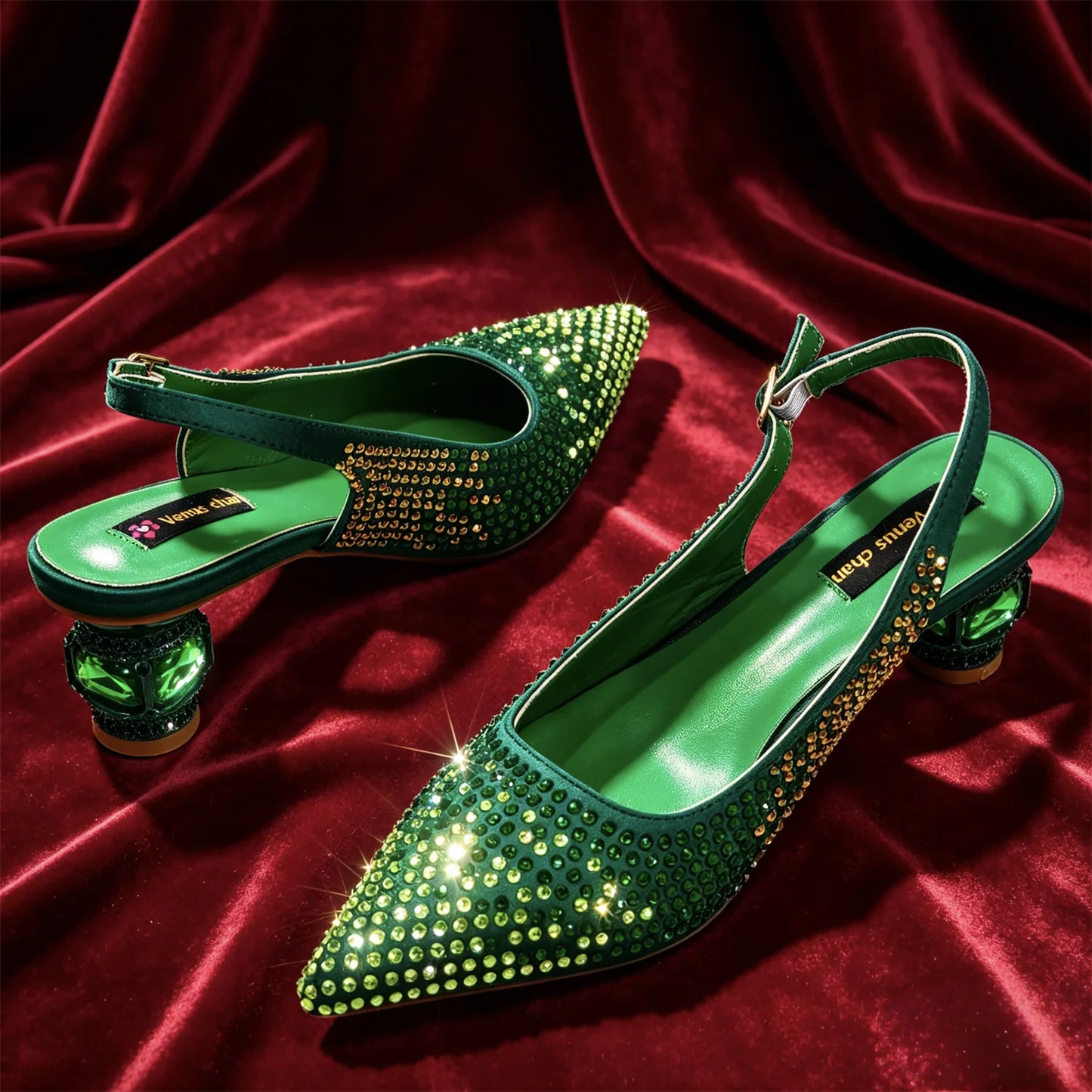 Emerald Green Rhinestone Heels & Bag Set Crystal Slingback Pumps with Matching Handbag for Wedding Party