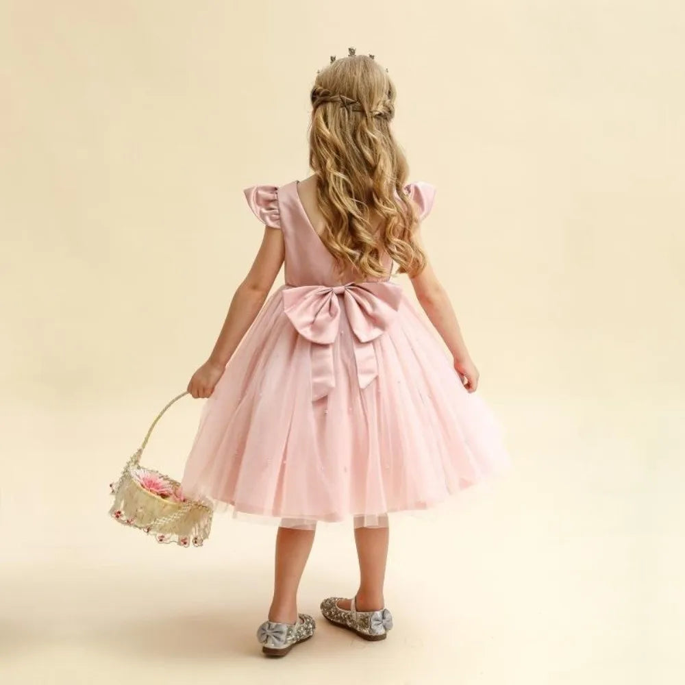 Fashion Red Pink Children's Bow Princess Dress‌ Big Bow Backless Girls Puffy Dress Tulle Flower Girl Dress Wedding Gown