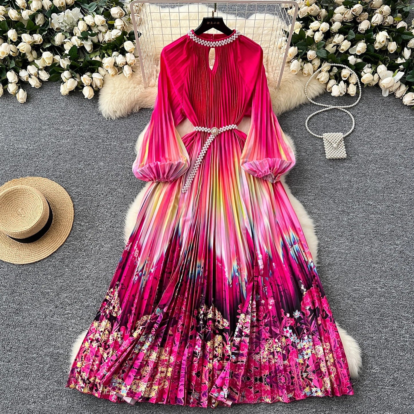 Ele High-End Women's Dr Faionable Beaded round Ne Hollow out Pleated Lantern Sve Waist Cinched Floral Print Lon...
