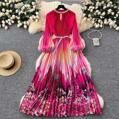 Ele High-End Women's Dr Faionable Beaded round Ne Hollow out Pleated Lantern Sve Waist Cinched Floral Print Lon...