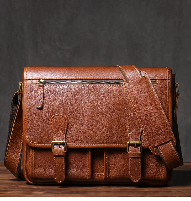 Vintage Crazy Horse Leather Messenger Bag Men's Genuine Luxury Sling Shoulder Bag Office Briefcase Crossbody 12.9 Inch Ipad