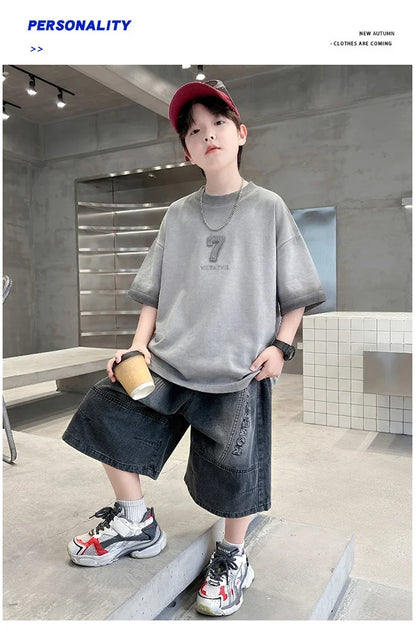 Luxurious Teen Boys Set For Child Elegant T-shirts + Denim Shorts 2PCS Clothes Set Summer Kids Luxury Clothing Set Age 6 To 16 Y