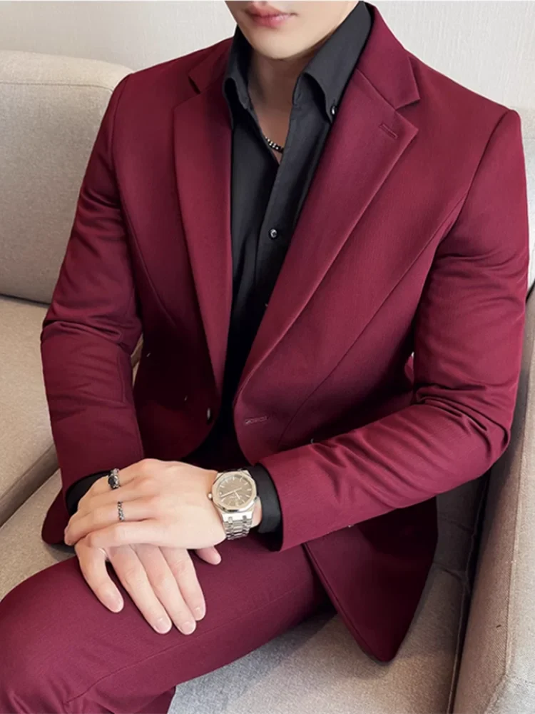 (Jacket+Pant) New Men Pure Color Business Social Wedding Party Suit Fashion Male Banquet Party Slim Fit Dress Blazer and Trouser