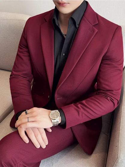 (Jacket+Pant) New Men Pure Color Business Social Wedding Party Suit Fashion Male Banquet Party Slim Fit Dress Blazer and Trouser