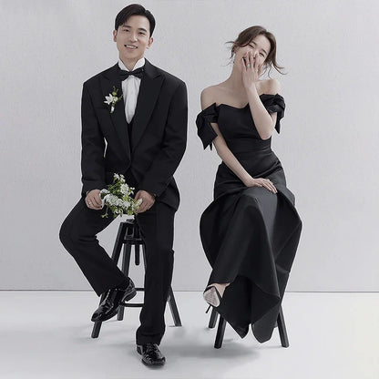 Wedding Dresses Sweet Bow Off The Shoulder For Women 2024 Satin Black Evening Dress Elegant Floor-length Simple Wedding Shooting