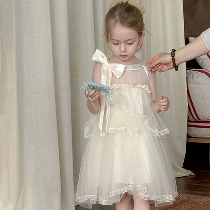 Girls Princess Dress Summer Kids French Sweet Sleeveless Bowknot Tulle Tutu Fluffy Birthday Party Pageant Dresses