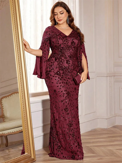 Plus Size Luxury Gold Evening Dresses Women 2024 Long Sleeve Mermaid Formal Sequins Prom Wedding Party Cocktail Gowns