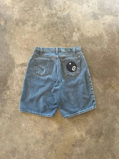 American Retro Gothic Halloween Geometry Graffiti Print Denim Shorts Men Women Y2k Low Waist Baggy Knee Length Jeans Jorts Short
