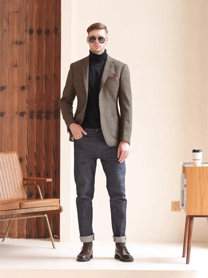 Autumn and Winter Thickeneded Retro Coarse Woolen Suit Business Casual British Style Herringbone Pattern Suit Jacket for Men