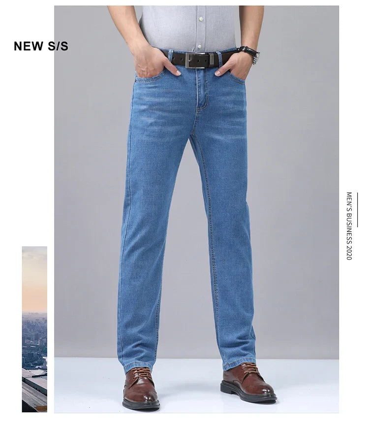 2025 New Light Blue Men's Comfort Soft Jeans Fashion Straight Business Pants Cotton Soft Casual Stretch Denim Trousers 28-40