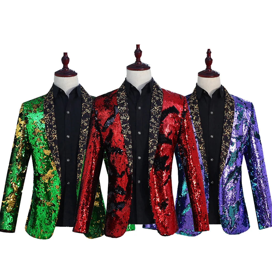 2026 New Men's Red Suit Jacket, Wedding Party Slim Dress Coat, Sequin Decoration Luxurious Blazers Blue Green Terno Masculino