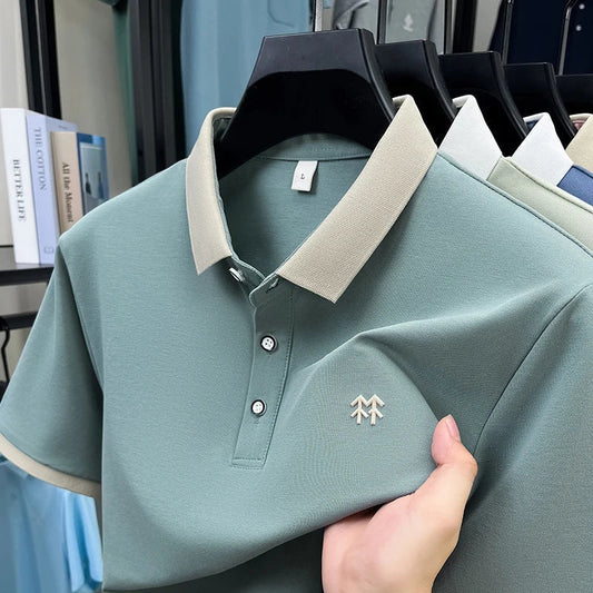 Designer brand silk cotton short sleeve polo shirt summer new Korean casual men's T-shirt fashion embossed soft breathable top