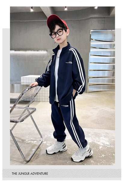 Spring Autumn Boys Navy Striped Zip Sweatshirt Coats+Sweatpant Sets School Kids Tracksuit Children Outfit Jogging Suit 3-14Yrs