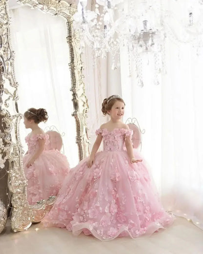 Pink 3d Applique Flower Girl Dress For Wedding Off Shoulder Luxurious Pearls Tulle Child First Eucharistic Birthday Party Dress