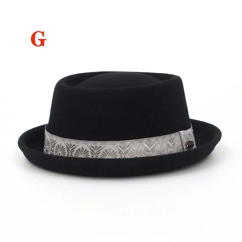 100% Wool Pork Pie Fedora Hat for Women Men Autumn Winter Felt Curved Brim Porkpie Hat