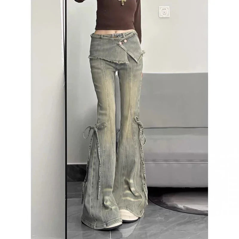 Winter Women Goblin Core Low Waisted Flare Denim Pants Patchwork Japanese Abi Y2k Harajuku Bell-Bottom Skinny Jean Grunge
