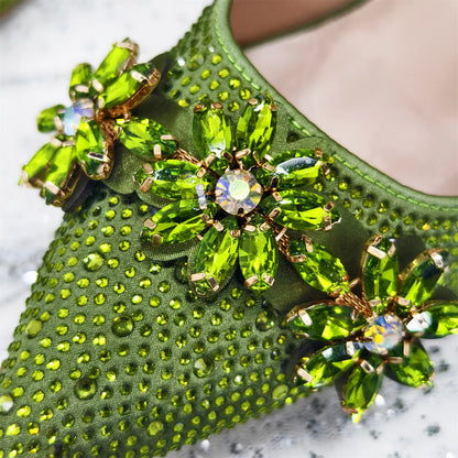 Olive-Green Pointed-Toe Women's High Heels Shoes and Bags for Party Rhinestone Evening Elegant Luxury Handbag