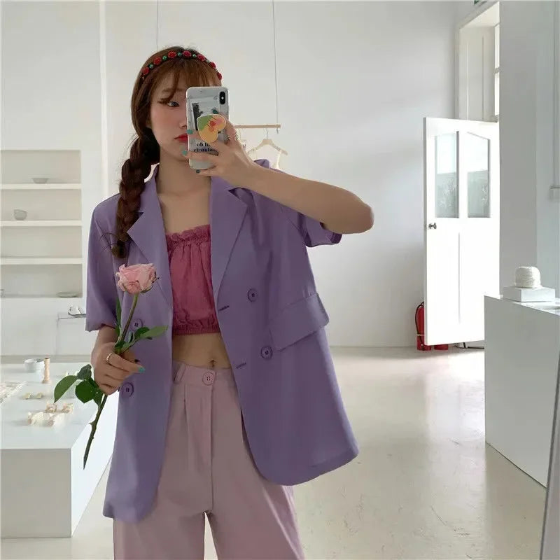 2025 Women's Summer Short-sleeved Jacket Casual All-match Loose Double-breasted Blazers Coat Woman Korean Chic White Blazer