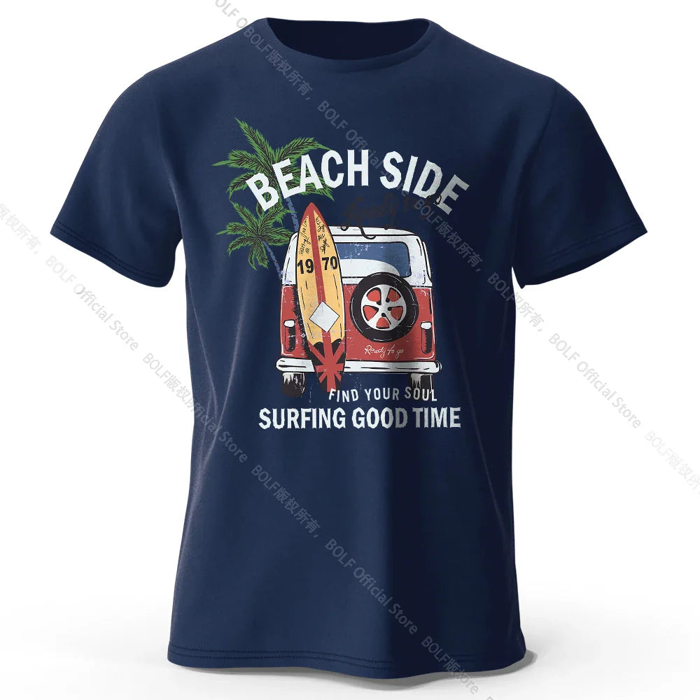 Vintage Surf Badge Printed Unisex Men Women T-Shirt Tees Tops 100% Cotton Retro Wave Graphic Beach Club Wear
