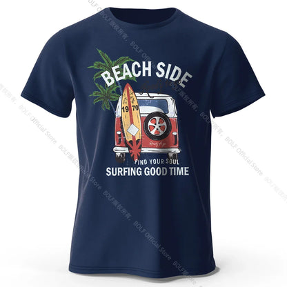 Vintage Surf Badge Printed Unisex Men Women T-Shirt Tees Tops 100% Cotton Retro Wave Graphic Beach Club Wear