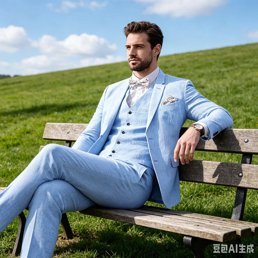 3 Piece Blue/Beige Linen Men's Slim Fit Suits Notch Lapel Blazer Summer Wedding Groom Tuxedos for Prom Party (Jacket+Vest+Pant)