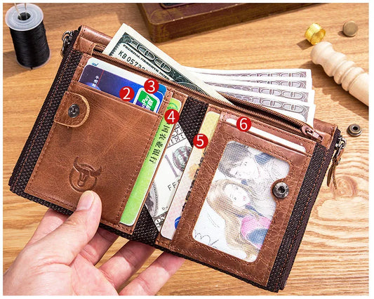 BULLCAPTAIN Portefeuille rétro en cuir pour homme avec fermeture éclair, porte-monnaie court, porte-cartes, porte-monnaie, portefeuille RFID QB06