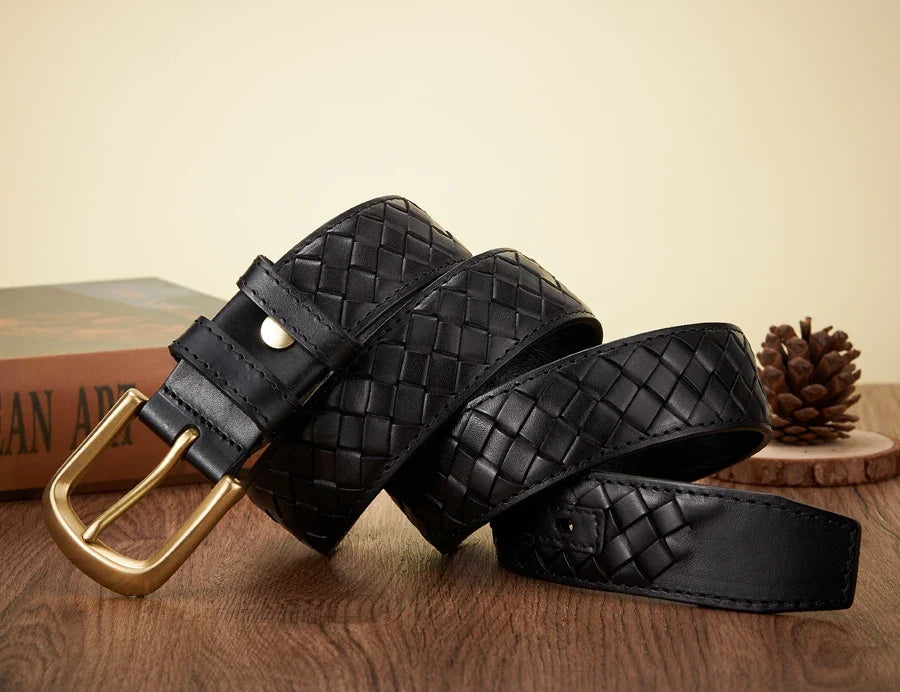 3.8cm Copper Buckle Designer Cowskin Real Genuine Leather Belts For Men Luxury Woven Cowboy Braided Male Strap for Jeans