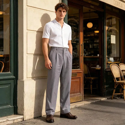 Men's Pinstripe Pants Linen Trousers  Solid Color Loose Fit Half Elastic Waist Straight Leg Breathable Soft For Summer Beach