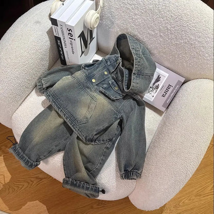 High Quality Retro Color Children's Denim Suit Boy Spring Autumn New Girl's Suit Hoodie Denim Coat+ Pant Casual 2pcs Set Outfits
