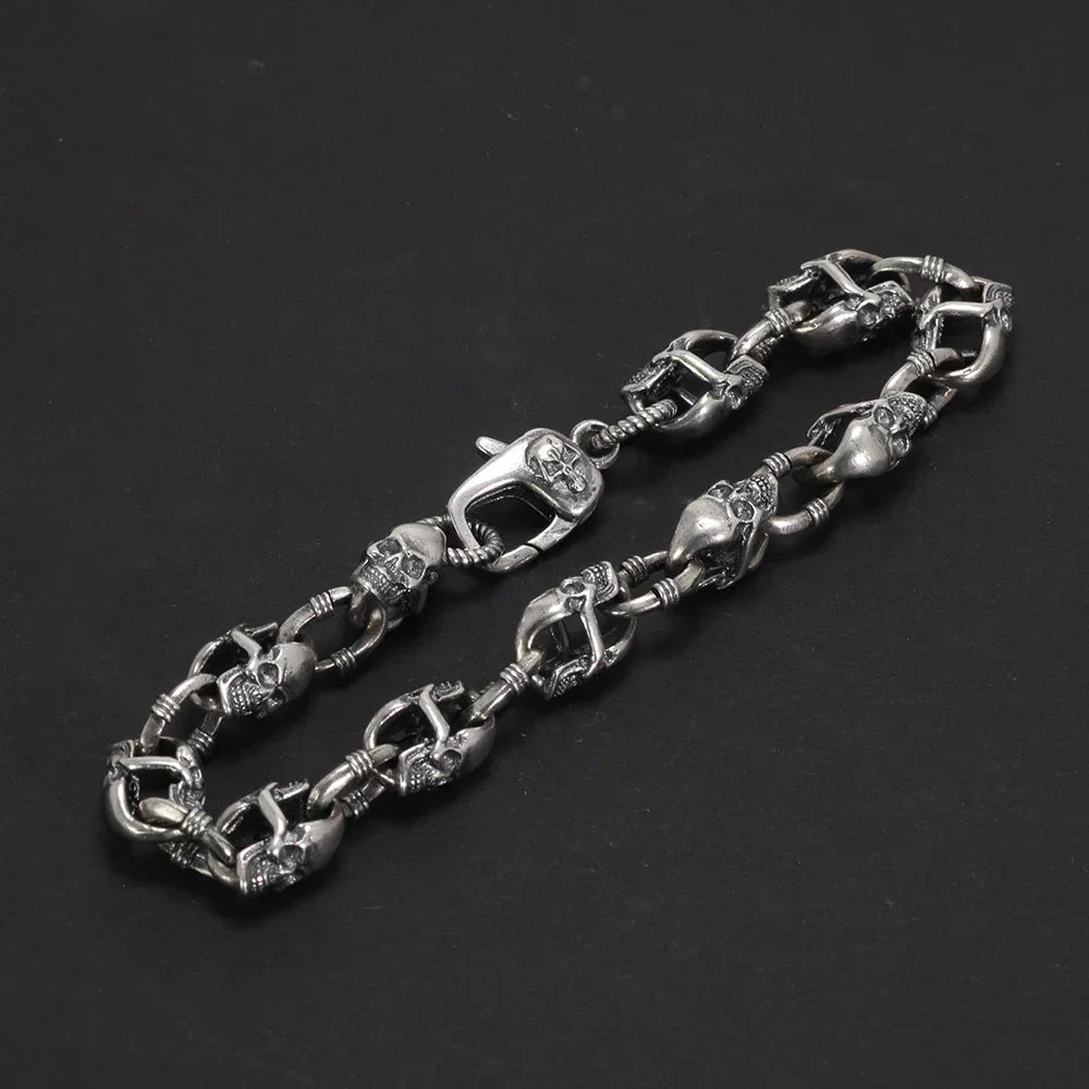 Real 925 Sterling Silver Skull Chain Bracelet for Men and Women Gothic Domineering Street Rock Jewelry Gift
