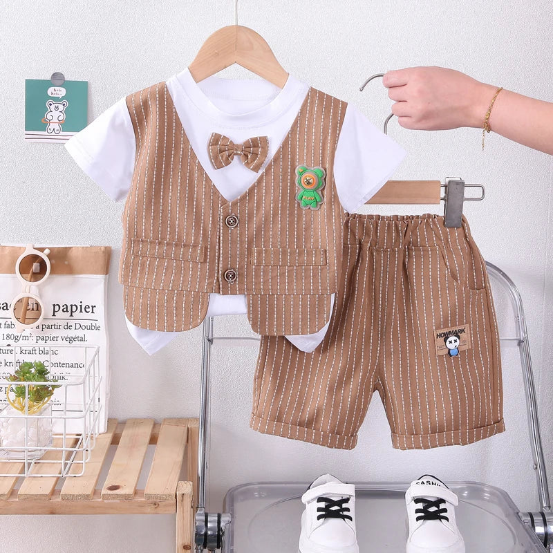 New Summer Kids Boys Clothes High Qulity Short Sleeve Gentleman Patchwork T Shirt Pants Toddler Boy Clothing Casual Outfits