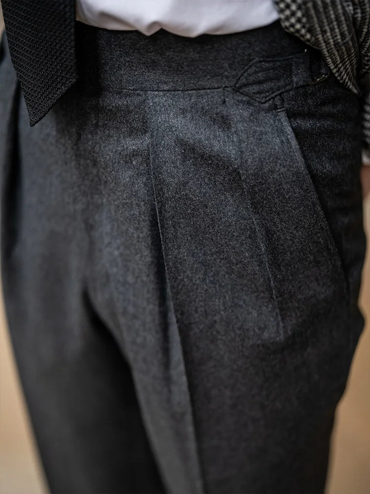 Flannel wool Italian casual Parisian button tapered gray trousers for men Naples Retro Slim fit