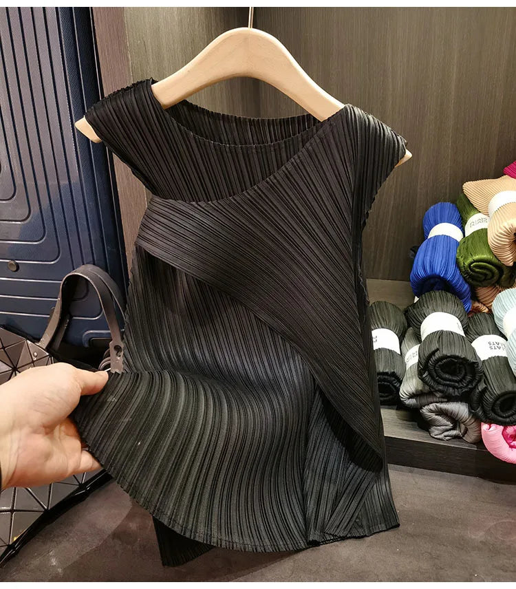 Sleeveless T-shirt Miyake Pleated Summer New Round Neck Slim Thin Versatile Irregular Women's Undershirt Tops Multiple Ways Wear