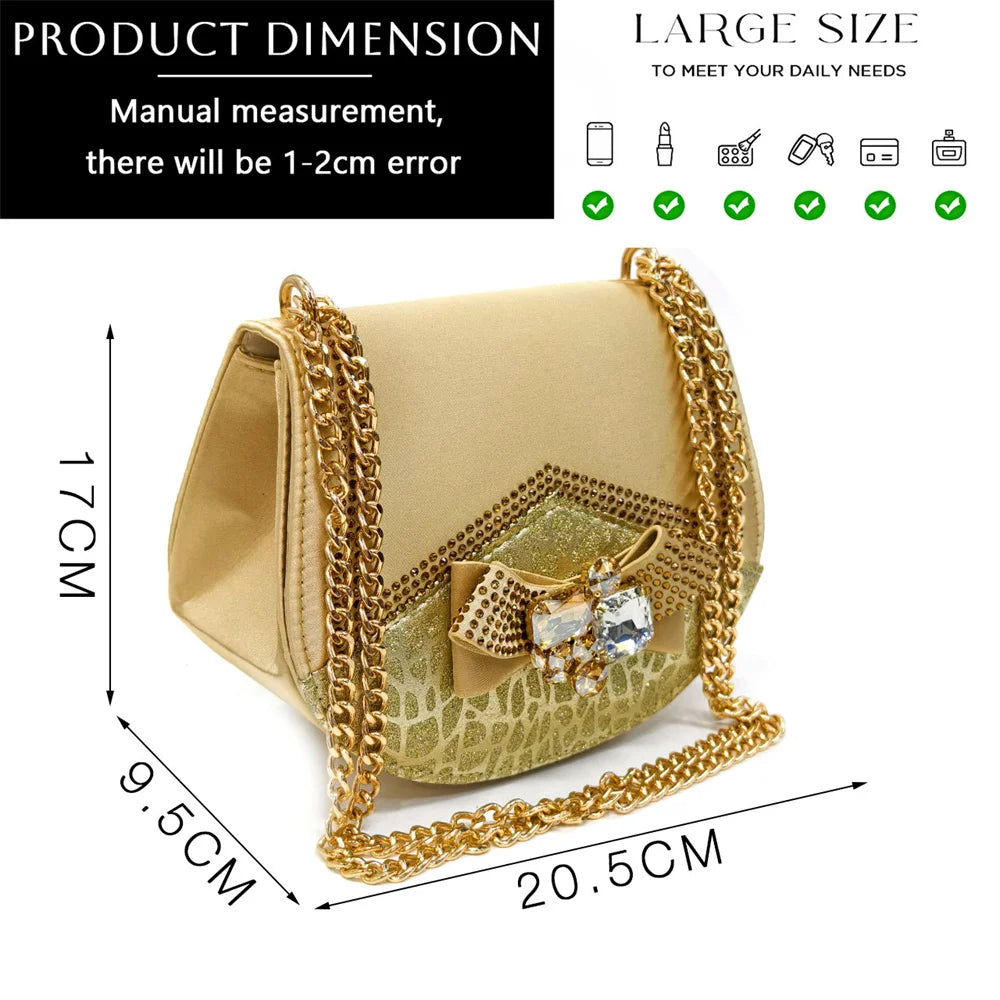 Shoes for Women High Heels INS Style Rhinestone Peep Toe Bow Gold Color New Italian Shoes and Bag for Party 2024