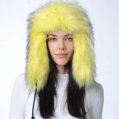 Plush Raccoon Fur Hat Women Thicken Faux Fur Earflap Hat Winter Warm Russian Ushanka Hats Windproof Furry Bomber Cap