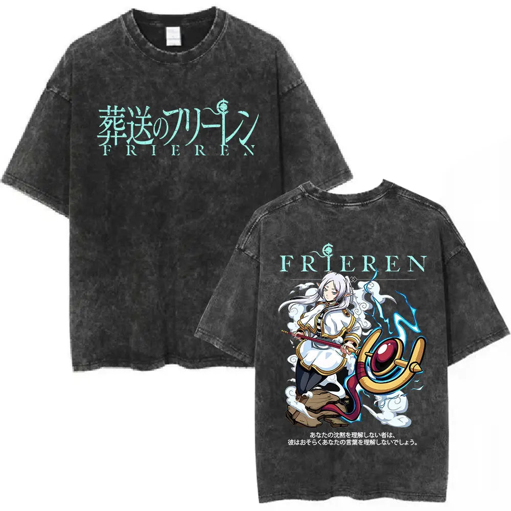 Anime Frieren: Beyond Journey's End Graphic Washed Vintage T-shirt Men's Women Fashion Short Sleeve Cotton Casual Loose T Shirts