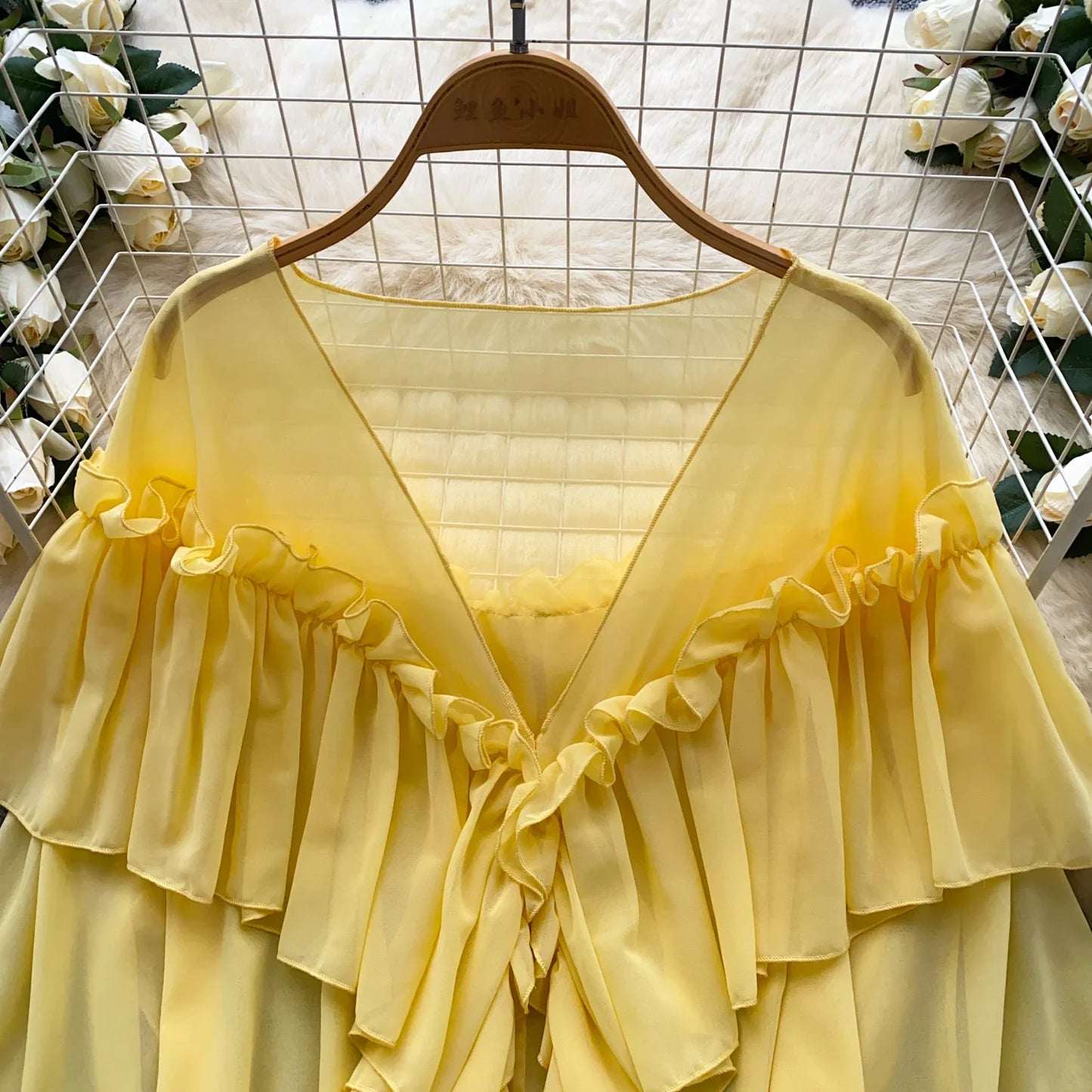 Chic Ruffles Splice Chiffon Blouse V Neck Flared Sleeve Loose Tops 2025 Fashion Solid Fairycore Vacation Women Shirt