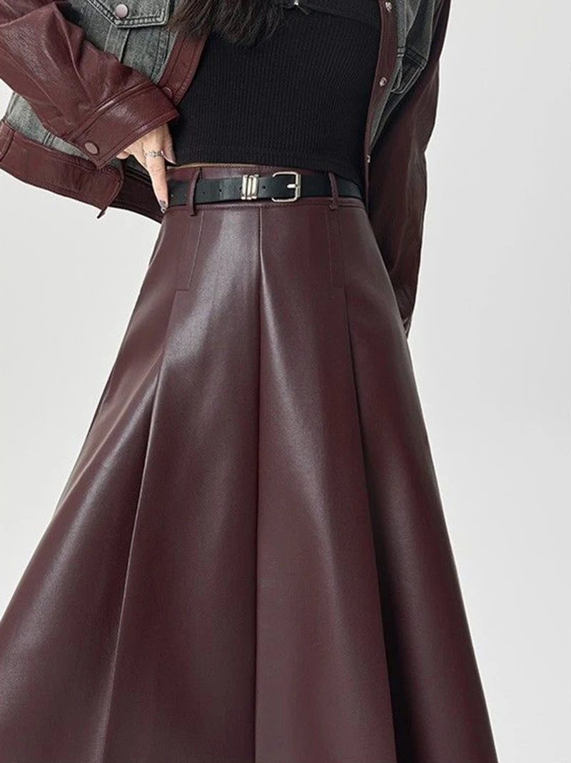 Vintage PU leather women midi skirts Y2K Autumn high waist Streetwear with belt pleated Skirt female elegant Solid A line skirts